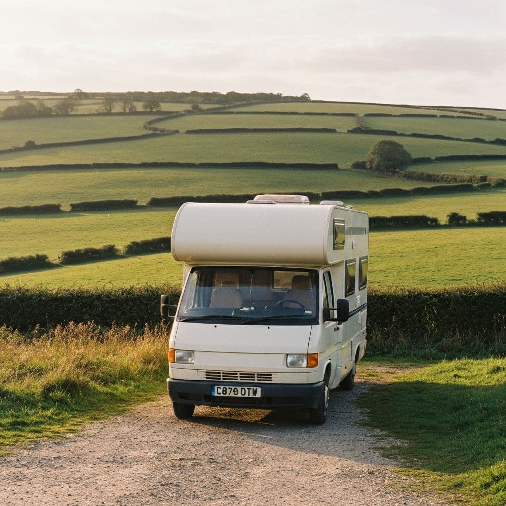 A motorhome parked in the British countryside